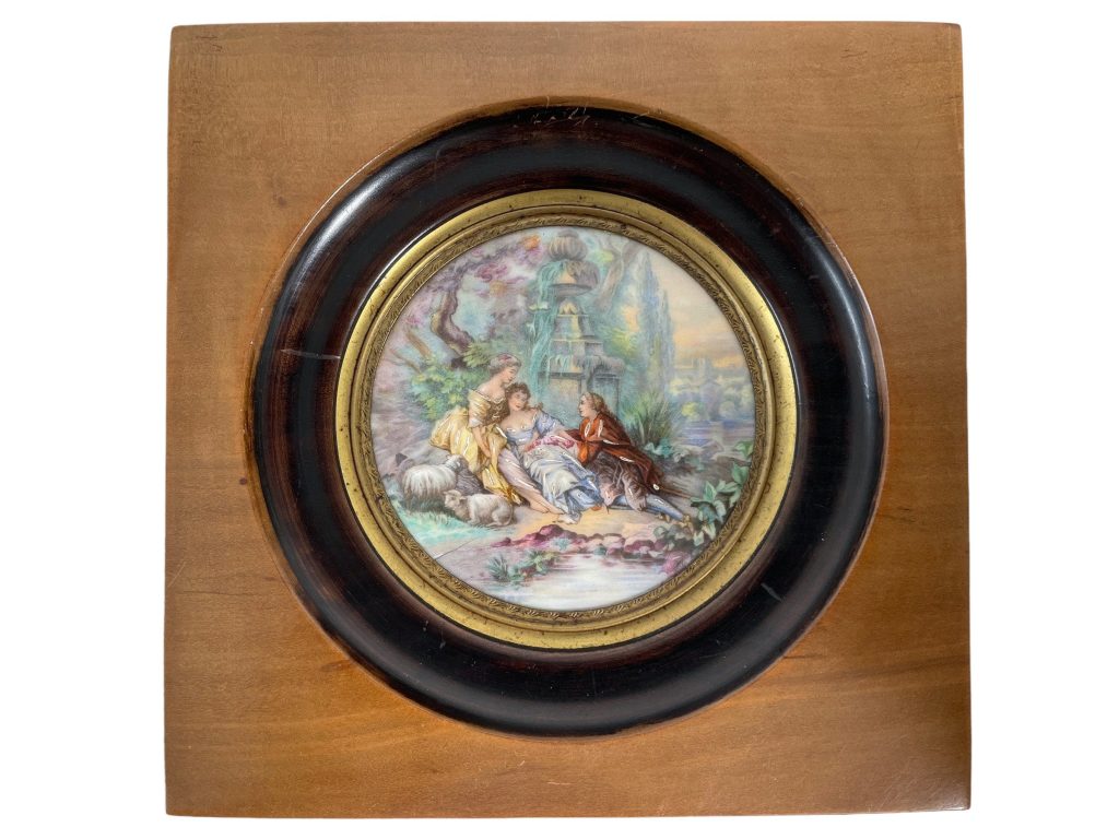 Antique French Small Miniature Tiny Circular Framed Painting Of Two Ladies With Suitor Dress Wall Decor Collector c1900's / EVE