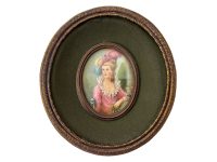Antique French Small Miniature Tiny Oval Framed Painting Of Royal Lady Princess Dress Plumes Pearls Wall Decor Collector c1900's / EVE