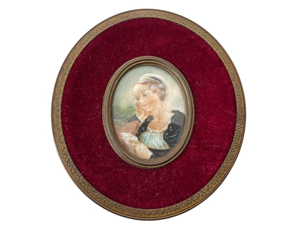 Antique French Small Miniature Tiny Oval Framed Painting Of Lady In Black Dress With Book Reading Wall Decor Collector c1900’s / EVE