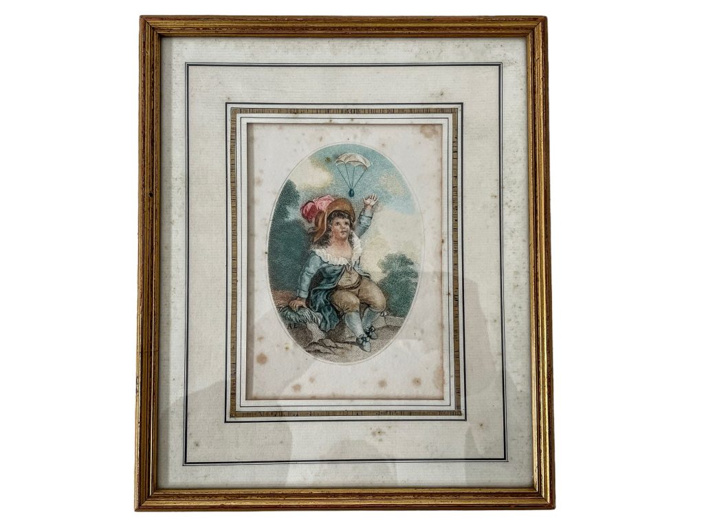 Vintage French Framed Print Young Boy With Parachute In A Gold Painted Wooden Frame Wall Decor Decoration Reproduction c1960’s / EVE