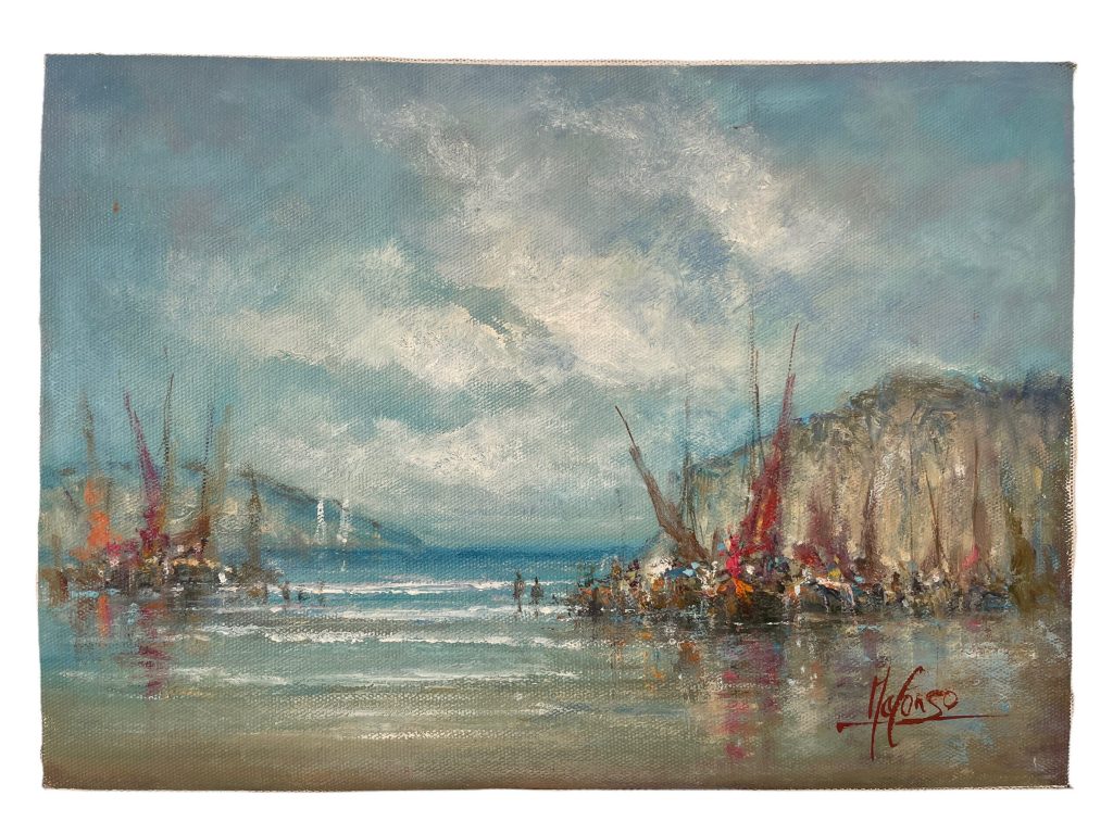 Vintage Italian Coastal Sailing Fishing Boats Painting Oil Skyline Marina Harbour Cliffs Coast On Canvas Mafonso circa 1980’s / EVE