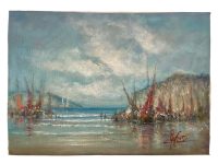Vintage Italian Coastal Sailing Fishing Boats Painting Oil Skyline Marina Harbour Cliffs Coast On Canvas Mafonso circa 1980's / EVE