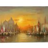 Vintage Italian Venice Coastal Sunset Sailing Fishing Boats Painting Oil Skyline Marina Harbour Coast On Canvas Mafonso circa 1980's / EVE