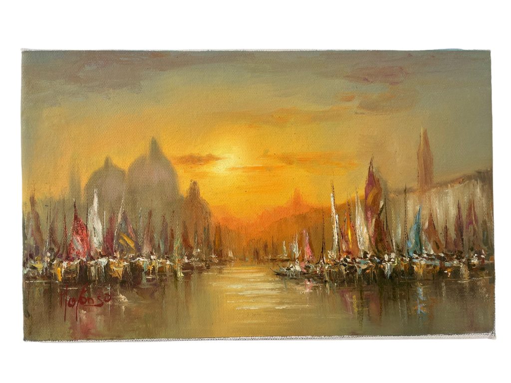 Vintage Italian Venice Coastal Sunset Sailing Fishing Boats Painting Oil Skyline Marina Harbour Coast On Canvas Mafonso circa 1980’s / EVE