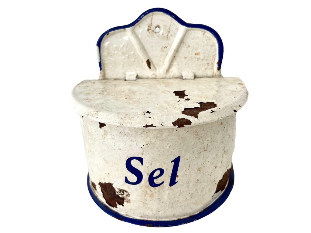 Vintage French Enamel Salt Sel Box Salter Storage Pot Bowl Rustic Rural Display Kitchen Wall Hanging Metal circa 1940-50’s / EVE