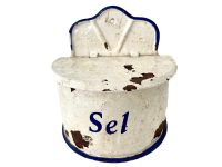 Vintage French Enamel Salt Sel Box Salter Storage Pot Bowl Rustic Rural Display Kitchen Wall Hanging Metal circa 1940-50's / EVE