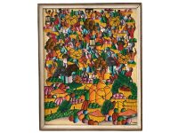 Vintage French Haitian Acrylic E. Laurent Busy Market Painting On Canvas Wall Decor Decoration Framed c1980-90's / EVE