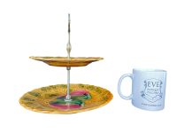 Alternative view of Vintage French Afternoon Tea Majolica Fruit Plates Cake Sandwich Serving Table Display Green Pink Gold Porcelain Bowl Dish c1970's / EVE