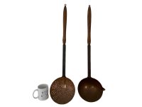 Alternative view of Vintage French Extra Large Villedieu Copper Kitchen Sieve Serving Mixing Ladle Scoop Kitchen Tool Hanging Metal circa 1970's / EVE