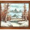 Vintage French Framed Oil Painting On Canvas Of Lake in Winter Snow Mountains frame scenic rustic circa 1980-90's / EVE