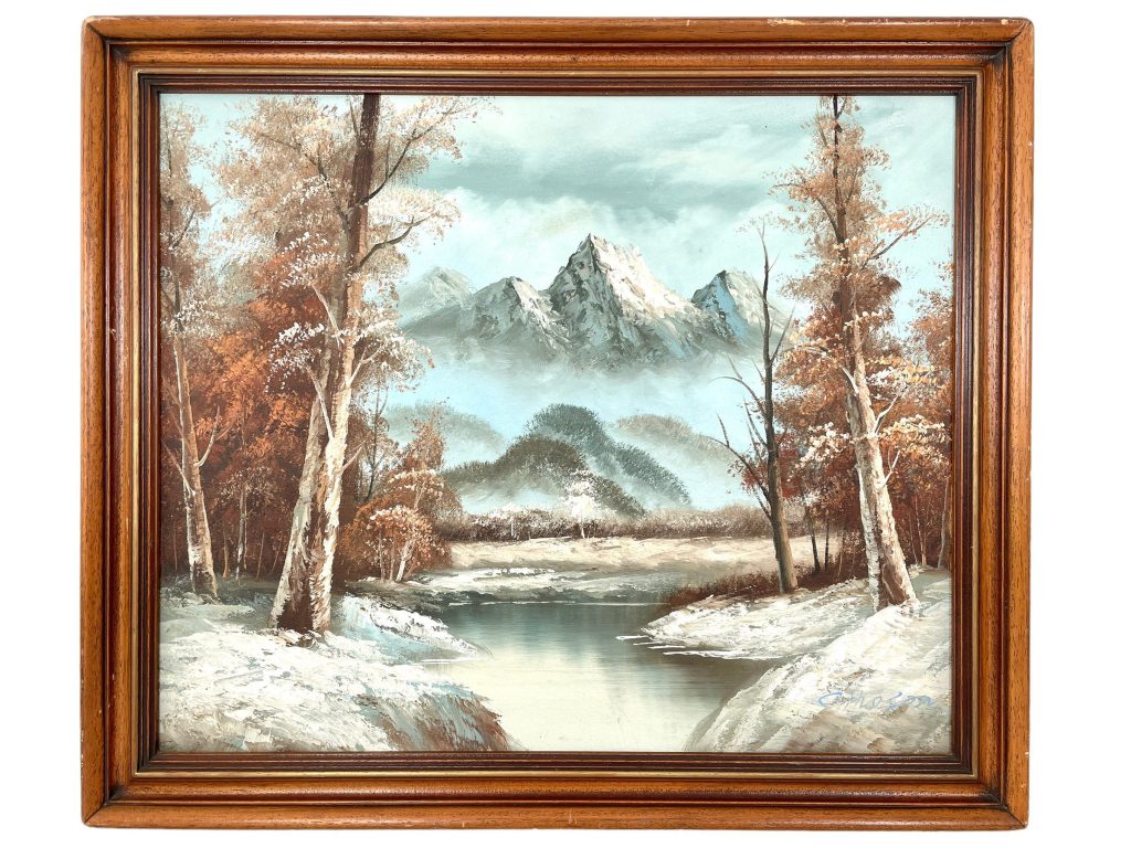Vintage French Framed Oil Painting On Canvas Of Lake in Winter Snow Mountains frame scenic rustic circa 1980-90’s / EVE