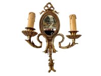 Vintage French Brass Wall Hanging Electric Light With Mirror Lantern Candle Lamp Ornament Decor Design c1960-70's / EVE