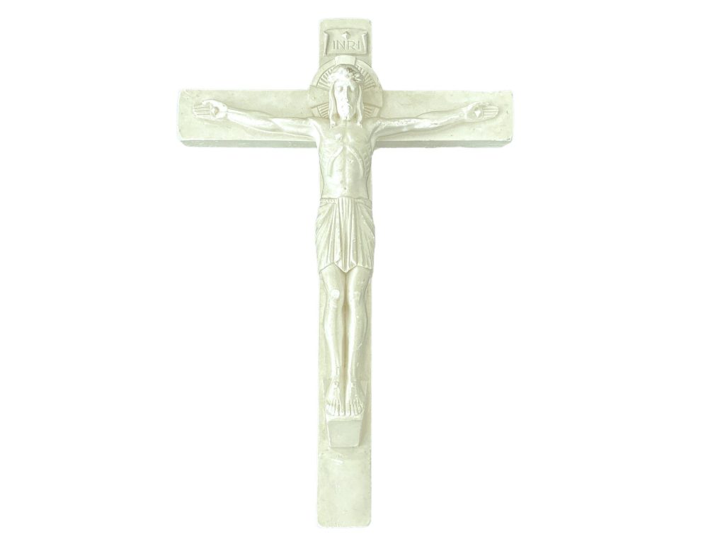 Vintage French Crucifix White Plaster Crucified Christ Catholic Church Chapel Cross Religious Symbol Jesus c1970’s / EVE