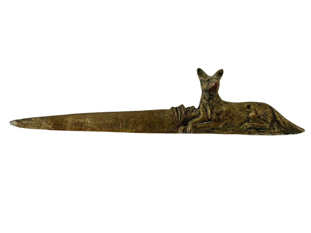 Antique CH Gautier T Baise Signed Letter Opener French Dog Brass Metal Decorative Knife Ornate Desktop Desk Office Gift c1910-20s / EVE