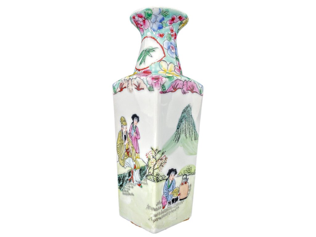 Vintage Chinese Vase Serenity Mountain Green Pink White Tea Making Flower Ceramic Decorated Pot Decor Display Asian Ornament c1970’s / EVE