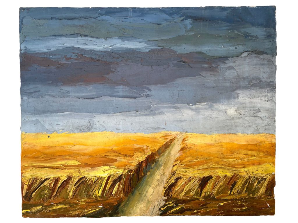 Vintage French Painting Oil Field Of Wheat Skyline Sky Scenic On Canvas Farm Track Road Wall Decor c1950-60’s / EVE