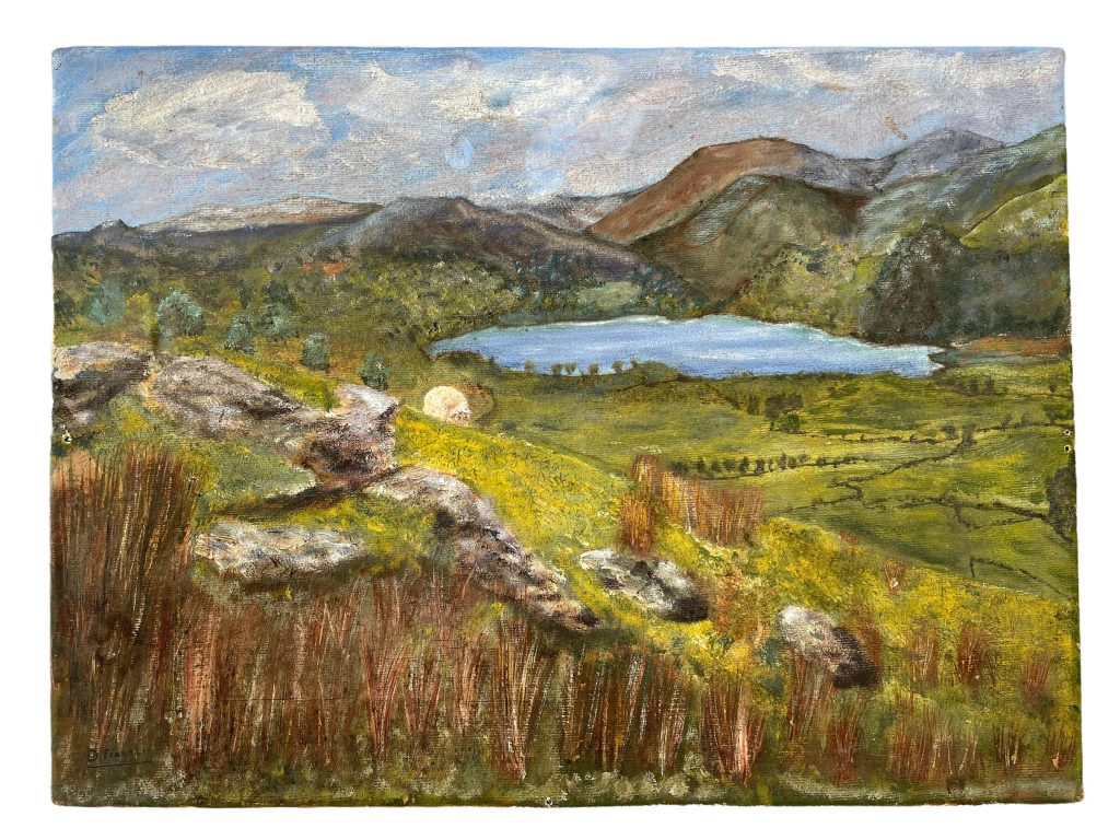 Vintage French Painting Oil D Fronnli Mountains Lake Sheep Skyline Scenic On Canvas c1980's / EVE