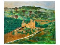 Vintage English Painting Oil Chateau Najac Ray Martin Skyline Scenic On Canvas c1980's / EVE