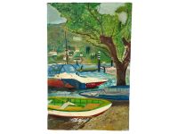 Vintage English Painting Oil Boat Nocturnal Ray Martin Skyline Rowing Boat River Estuary Scenic On Canvas c1980's / EVE