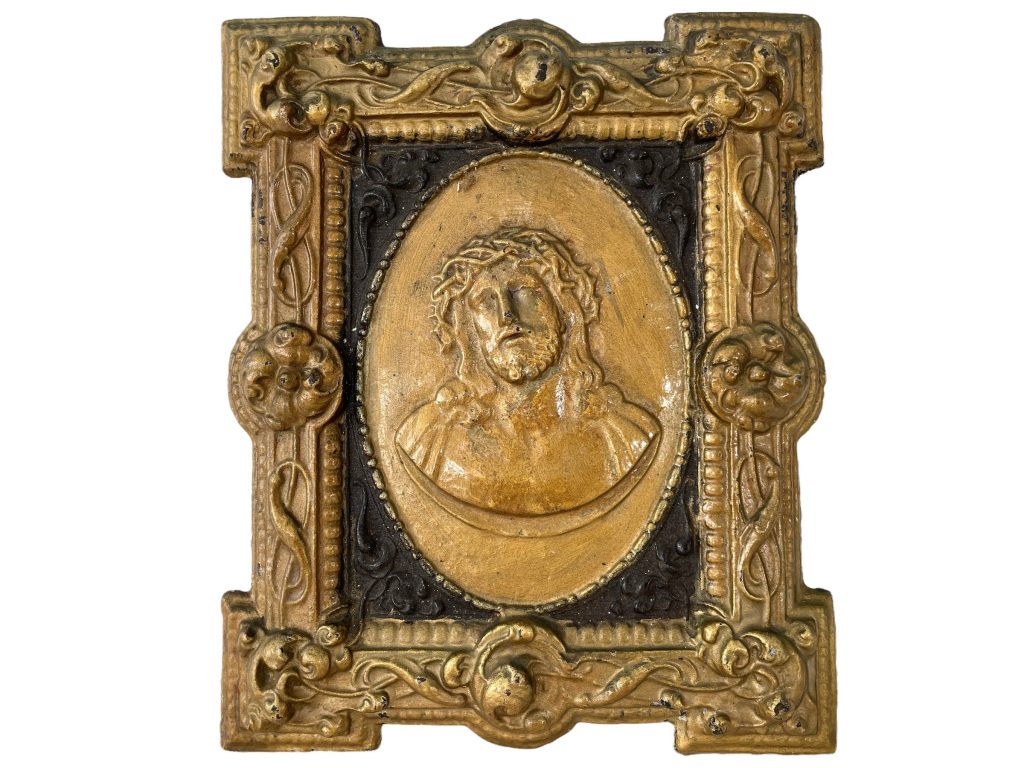 Antique French Jesus Christ With Crown Of Thorns Cast Iron Black Gold Plaque Patina Catholic Church Chapel Religious c1910-20’s / EVE