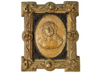 Antique French Jesus Christ With Crown Of Thorns Cast Iron Black Gold Plaque Patina Catholic Church Chapel Religious c1910-20's / EVE
