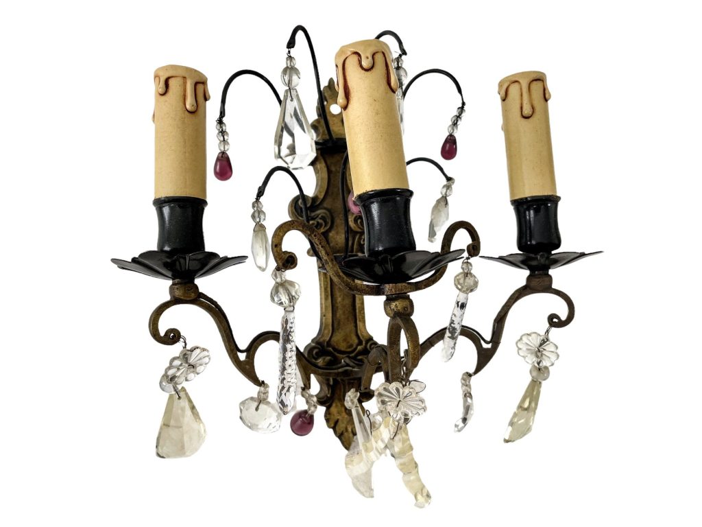 Vintage French Chandelier Wall Sconce Electric Lamp Faux Candle Brass Light Chateaux Cut Glass Drops circa 1960-70’s / EVE of Europe
