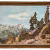 Vintage French Large Mountain Mountainside Trees Painting On Canvas Wall Decor Damaged Rips Chips c1961 / EVE