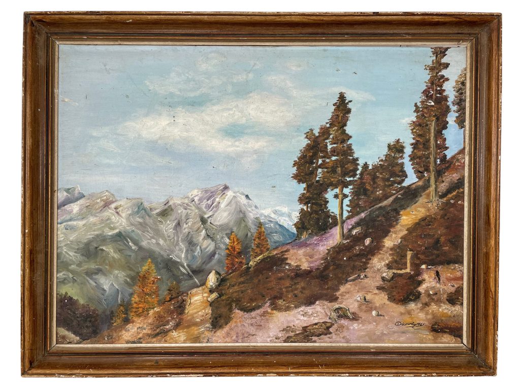 Vintage French Large Mountain Mountainside Trees Painting On Canvas Wall Decor Damaged Rips Chips c1961 / EVE