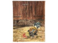 Vintage French Textured Painting On Burlap Chicken Cockerel Farmyard Countryside Farm Scenic Rustic Janet Pain c1990's / EVE