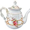 Antique French Tea Pot Porcelain Ceramic White Gold Green Red Flowers Branch Handled Teapot Container Storage Prop c1910's / EVE