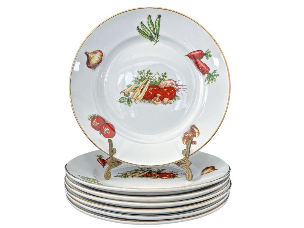 Vintage French Ceramic Transferware White Vegetable Legume Set Of Seven Serving Plates Dish Lunch Dinner Side Plate c1960-70's / EVE