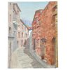 Vintage English Painting Acrylic Village Lane Street C. R. Elliott Skyline Houses Alpes Maritimes Scenic On Board c1980's / EVE