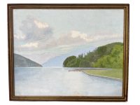 Vintage English Painting Acrylic Mountains Lake Pontoon C. R. Elliott Skyline Alpes Maritimes Scenic On Board Wood Canvas c1980's / EVE