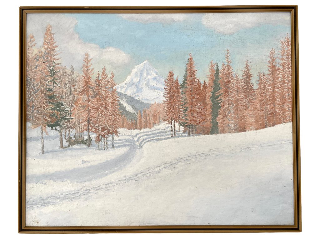 Vintage English Painting Acrylic Winter Graubunden C. R. Elliott Skyline Alpes Maritimes Scenic On Board Wood Canvas c1980’s / EVE