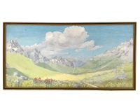 Vintage English Painting Acrylic Dischma Valley Davos C. R. Elliott Skyline Alpes Maritimes Scenic On Board Wood Canvas c1980's / EVE