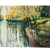 Vintage French Painting Oil Autumn River Crossing Mirrored Trees Skyline Scenic On Canvas c1970-80's / EVE