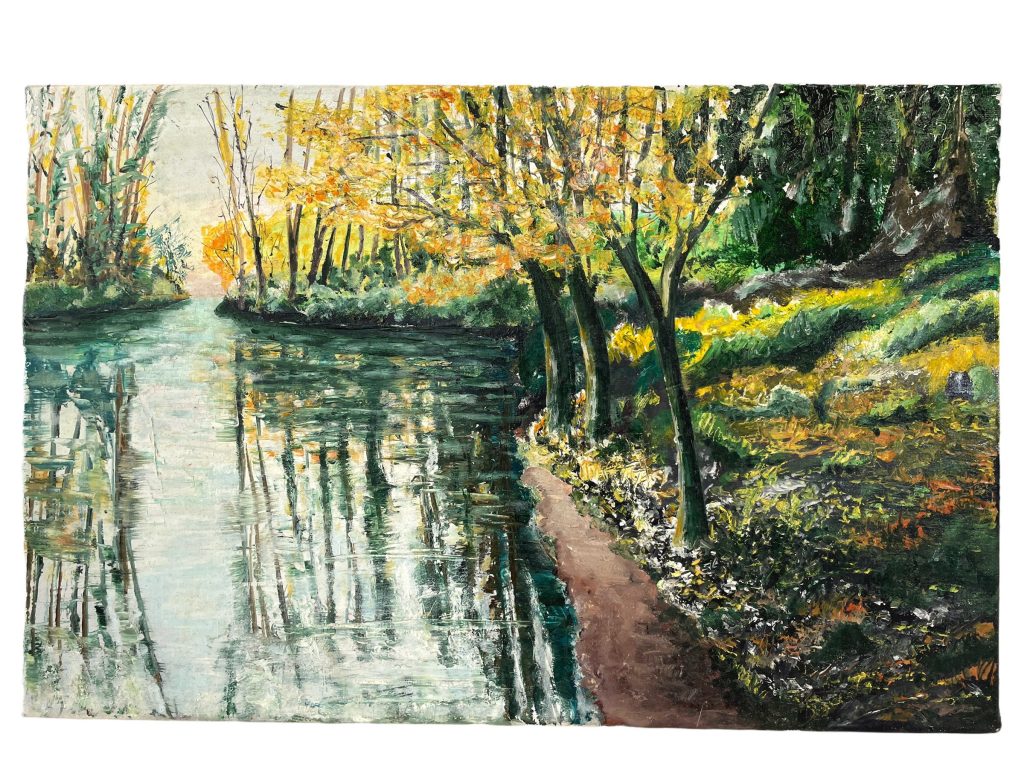 Vintage French Painting Oil Autumn River Crossing Mirrored Trees Skyline Scenic On Canvas c1970-80’s / EVE