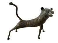 Vintage African Nigerian Benin Bronze Leopard Lion Big Cat Statue Figurine Primitive Cast Metal Tribal Art Ivory Coast c1930-50's / EVE