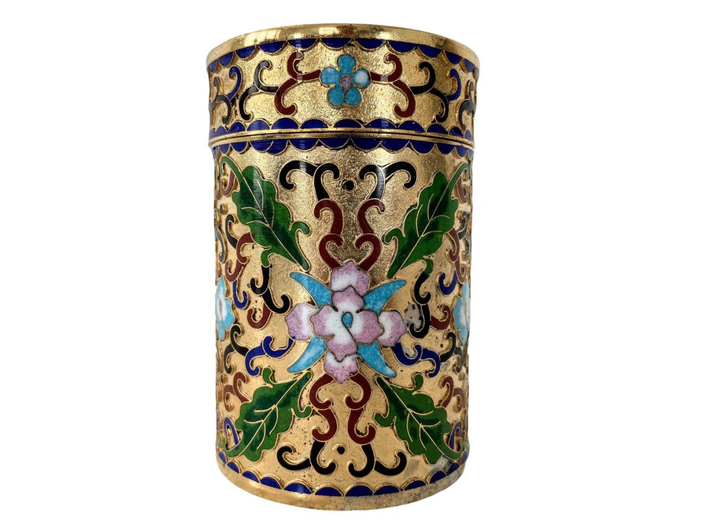 Vintage Chinese Cloisonne Gold Black Blue Bronze Metal Jar Pot Box Container Storage Display Mantlepiece Vase circa 1950’s / EVE
