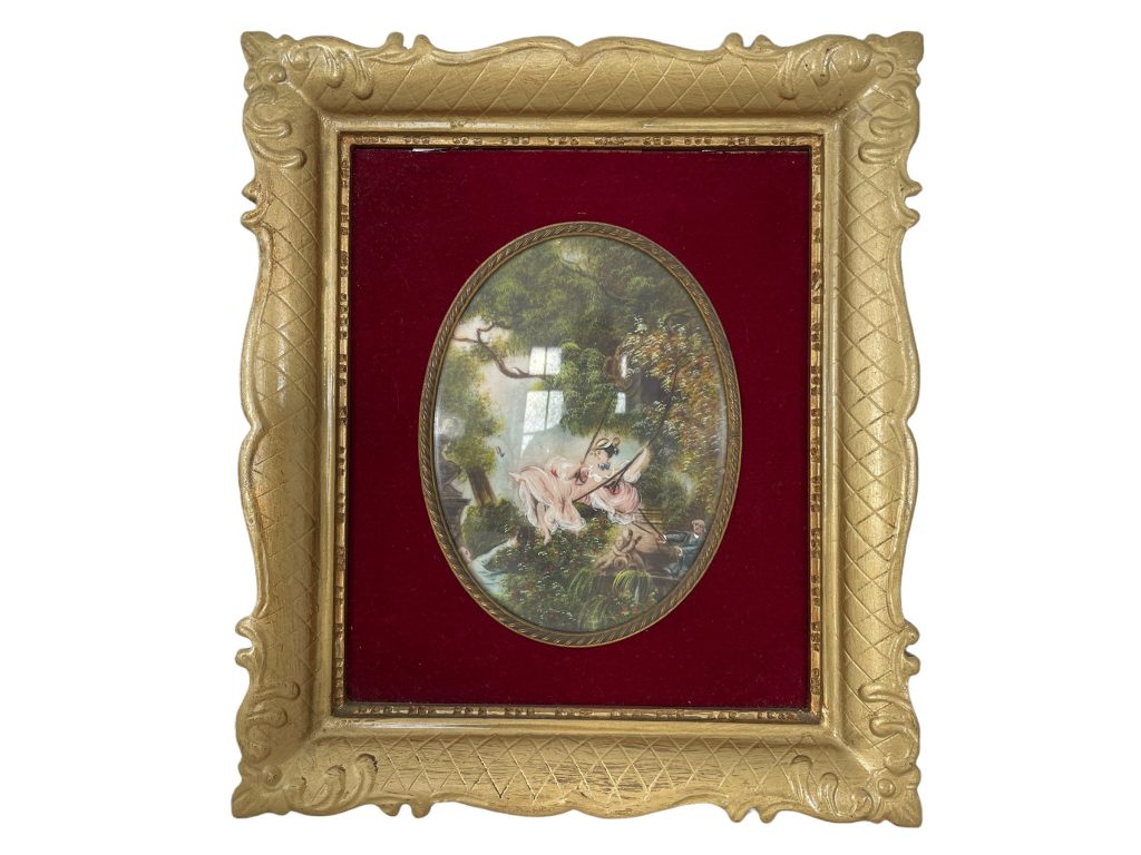 Vintage French Lady On Swing Frogonard Inspired Painting Framed In an Ornately Shaped Gold Painted Frame Wall Decor c1950-60’s / EVE