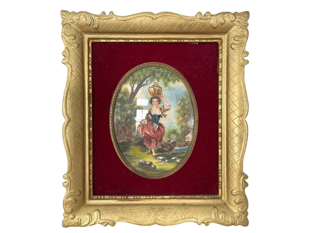 Vintage French Milk Maid Lady Painting Framed In an Ornately Shaped Gold Painted Frame Wall Decor c1950-60’s / EVE