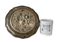 Alternative view of Vintage English Silver Metal Decorative Grape Eating Harvesting Hanging Plate Plaque Platter Charger Wall Decor c1970-1980's / EVE