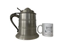Alternative view of Vintage French Silver Metal Tankard Style Crest Lined Ice Bucket Cooler Display Stand Pot Handled Tarnish c1970-80's / EVE