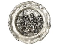 Vintage English Silver Metal Decorative Grape Eating Harvesting Hanging Plate Plaque Platter Charger Wall Decor c1970-1980's / EVE