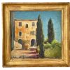 Vintage French Provence Village House Painting Acrylic Skyline Bushes Trees Scenic Countryside Gold Framed c1930-50's / EVE