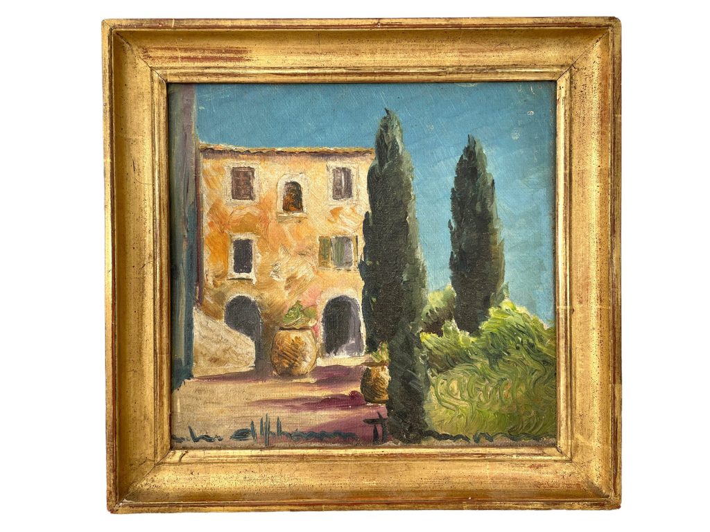 Vintage French Provence Village House Painting Acrylic Skyline Bushes Trees Scenic Countryside Gold Framed c1930-50’s / EVE