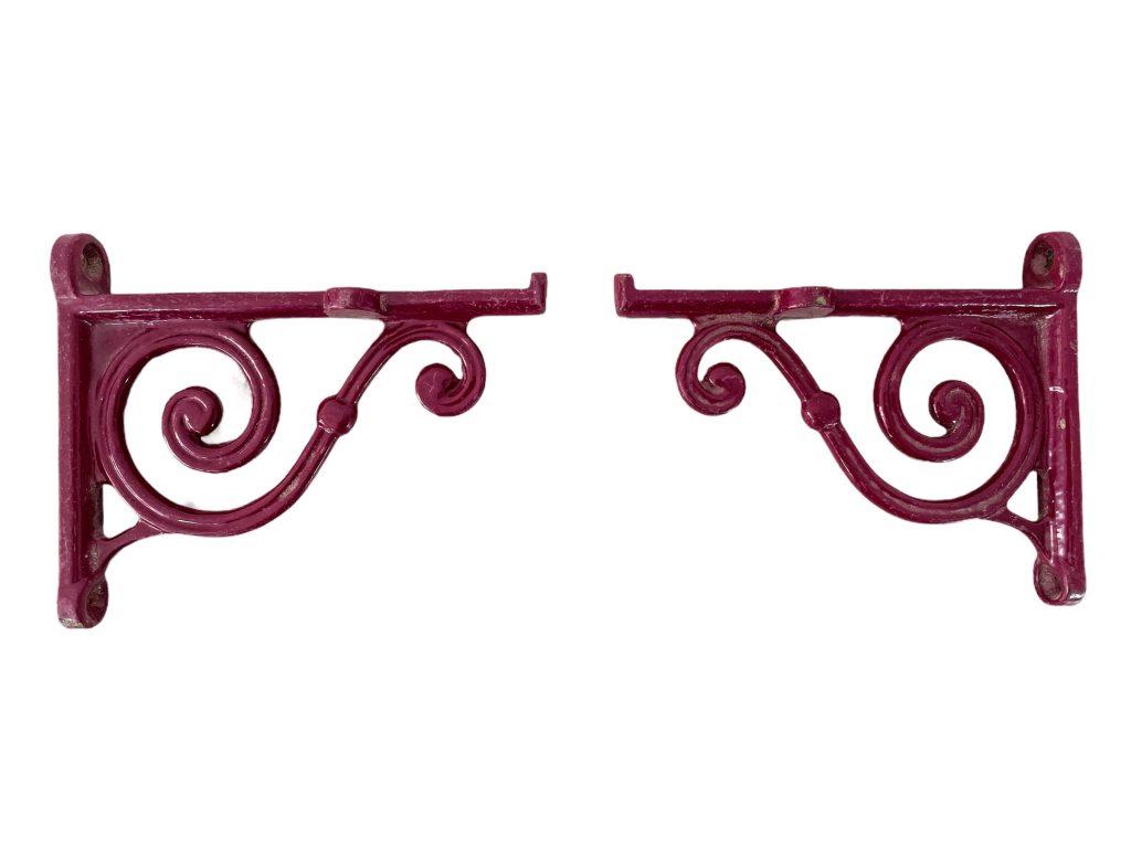 Vintage French Painted Red Iron Small Shelf Wall Bracket Bell Planter Hook Hanging Hanger Pair Cast circa 1970-80’s / EVE