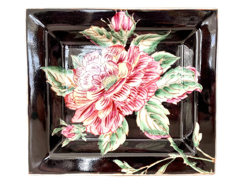 Vintage Square Plate French Red Rose Flowers Bowl Dish Platter Ceramic Black Red Green White Serving Plate c1950-60’s / EVE