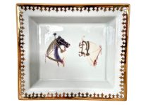 Vintage Square Plate French Horse Theme Bowl Dish Platter Ceramic Gold Rim White Serving Plate c1950-60's / EVE