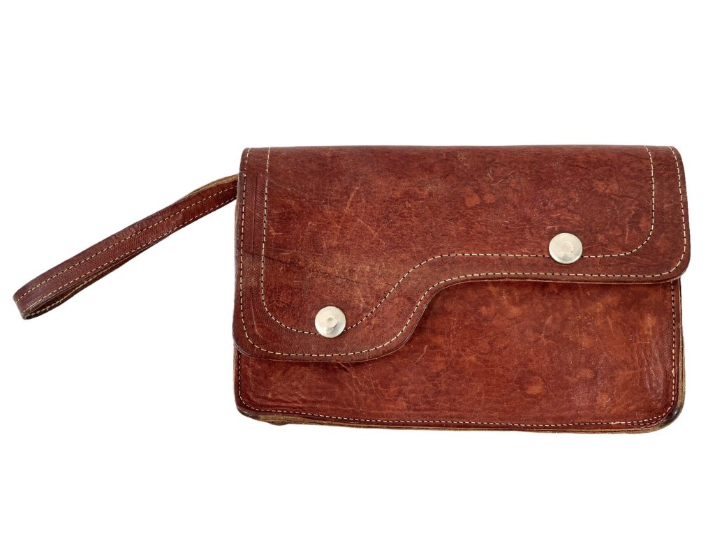 Vintage French Leather Hide Document Money Pouch Wallet Bag Case Wrist Strap circa 1960-70’s / EVE